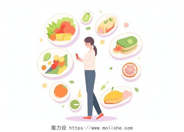 女孩看手机扁平AI插画健康饮食水果蔬菜食物背景